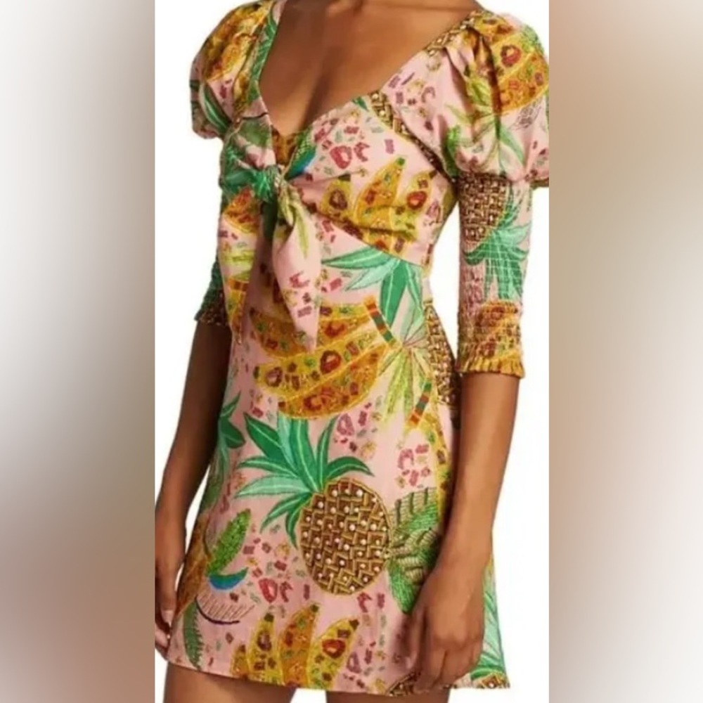 Farm Rio pink mixed fruit mini smocked tropical dress